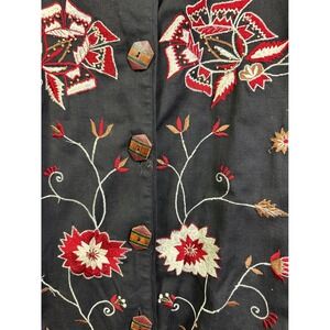 New Direction Women Black Flora Embroidered Jacket Wood Button Mandarin Colla 1X